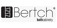 Logo for Bertch Bath Cabinetry featuring a black square with geometric white lines next to the brand name in black text.