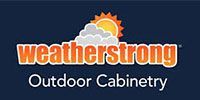 WeatherStrong logo featuring a stylized yellow sun behind grey clouds, with the brand name and Outdoor Cabinetry below.