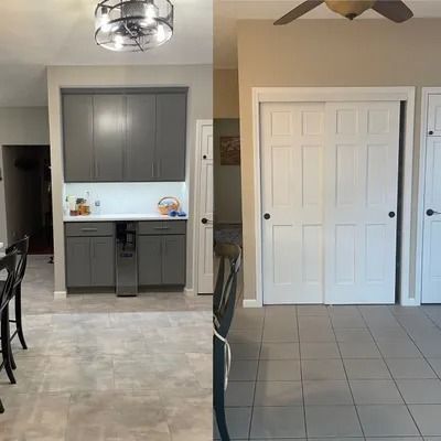 A split-screen comparison of a room renovation, showing a grey wet bar on the left and white sliding doors on the right.