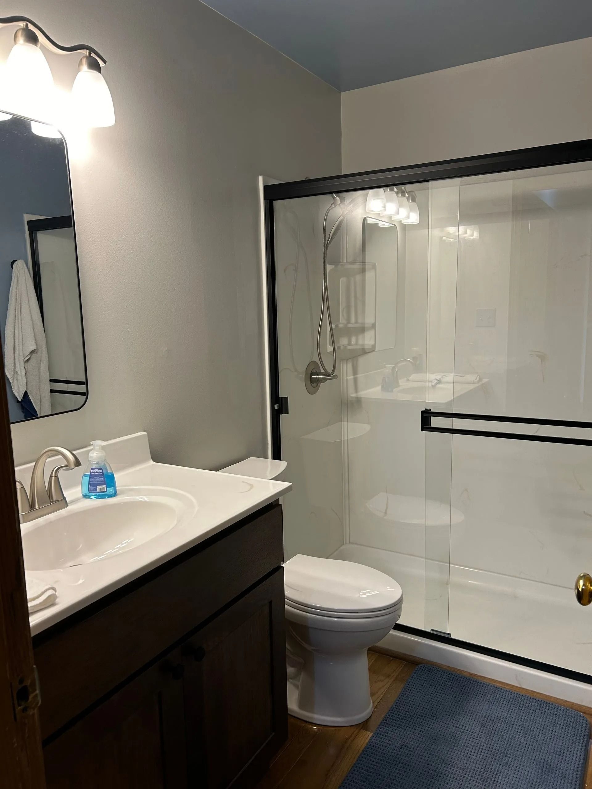 A bathroom featuring a dark vanity with a white sink, a mirror, and a glass-enclosed shower next to a white toilet.