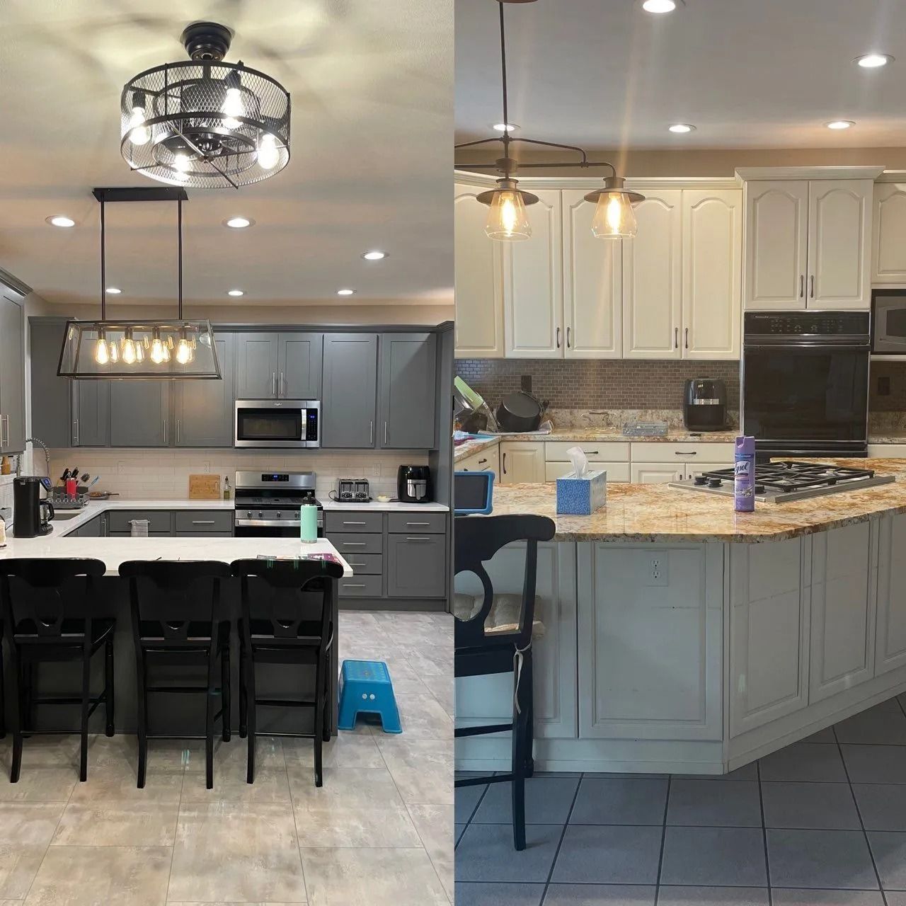 A split view of a kitchen renovation showing gray cabinets and white counters on the left versus cream cabinets on the right.