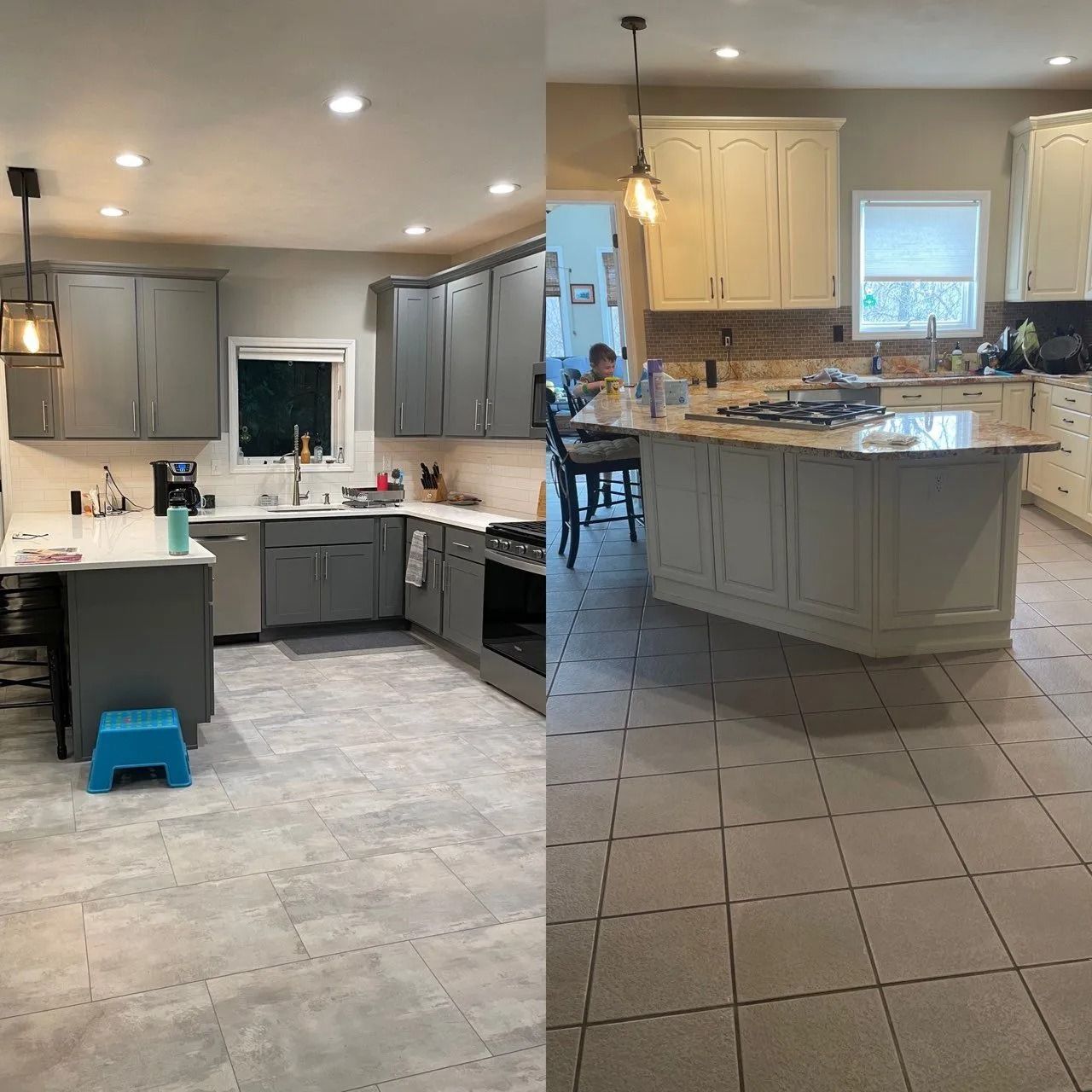Before-and-after photo of a kitchen remodel, showing a change from gray cabinets to cream-colored cabinets.