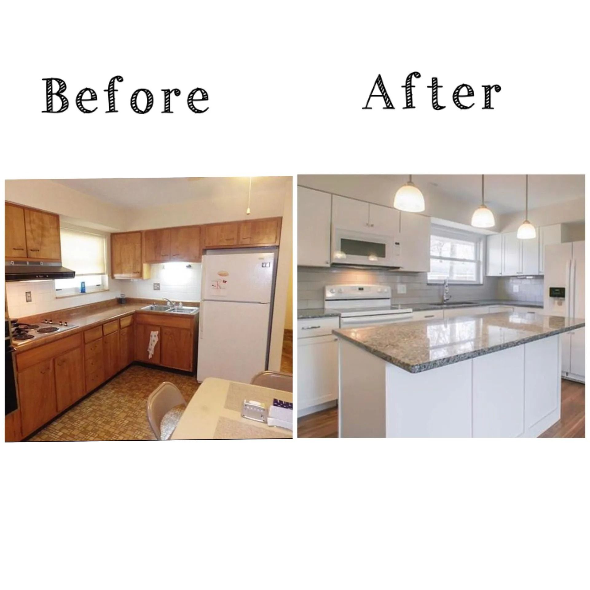 A side-by-side kitchen comparison showing a dated wood-cabinet room before and a remodeled bright white kitchen after.