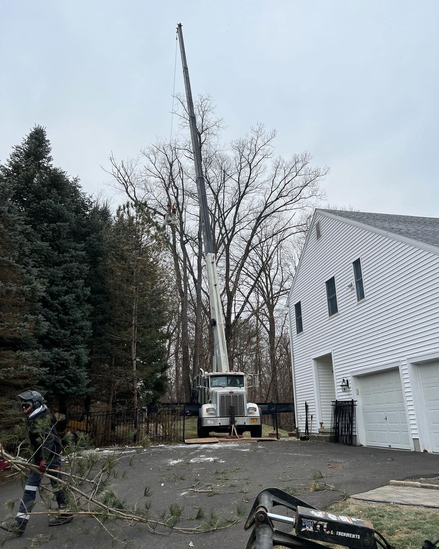 A crane is cutting a tree in front of a house.