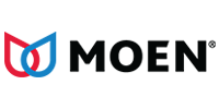 Moen logo with intertwined red and blue water droplets and the company name.
