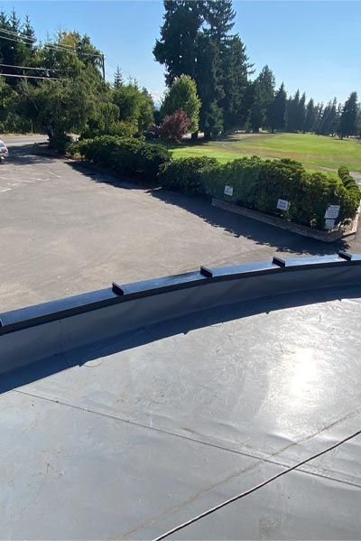 A skateboarder is riding down a ramp in front of a golf course.