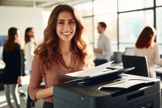 Woman smiling, holding printed papers near a printer in a bright office. Other people in the background.