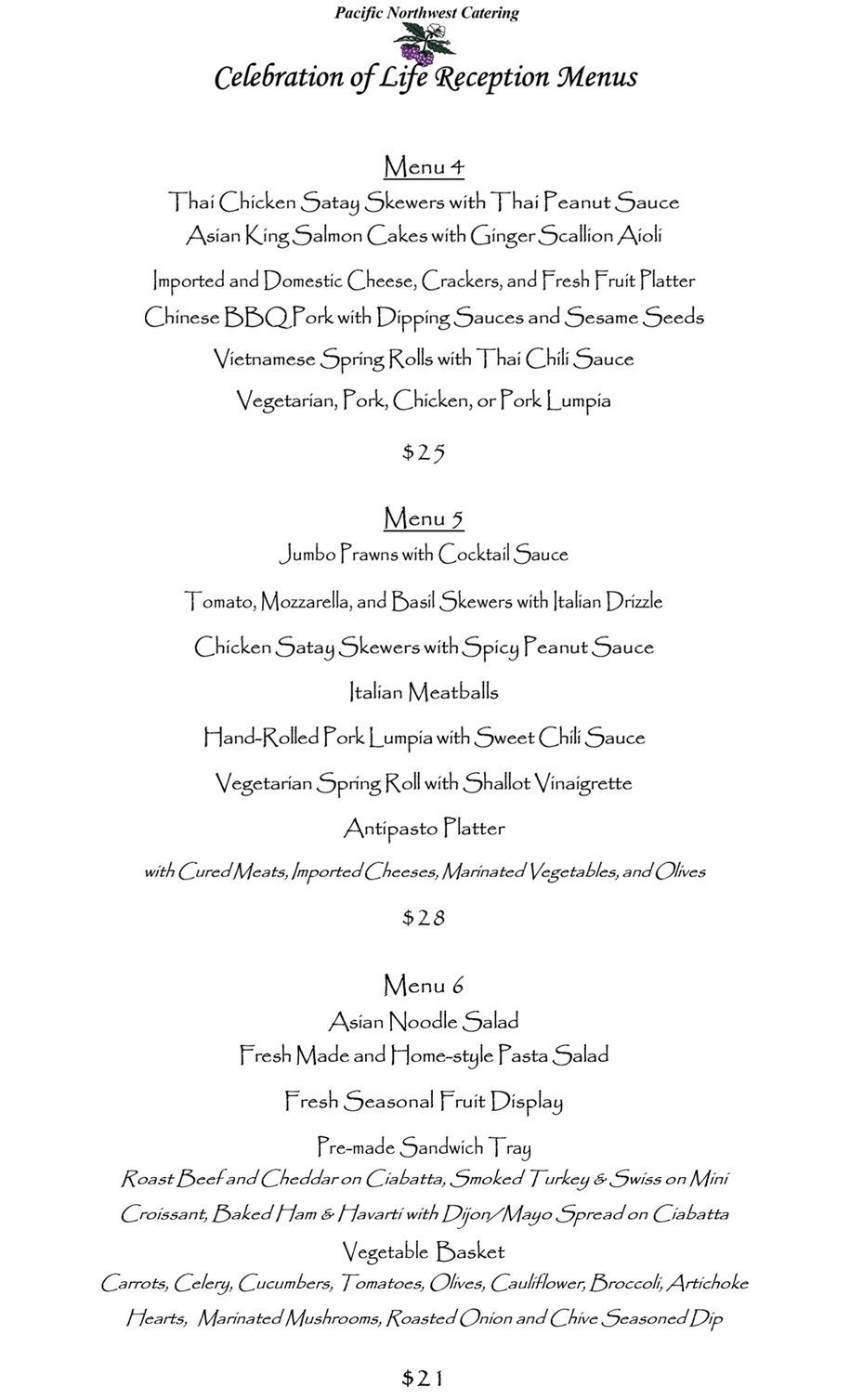 A menu for a celebration of life