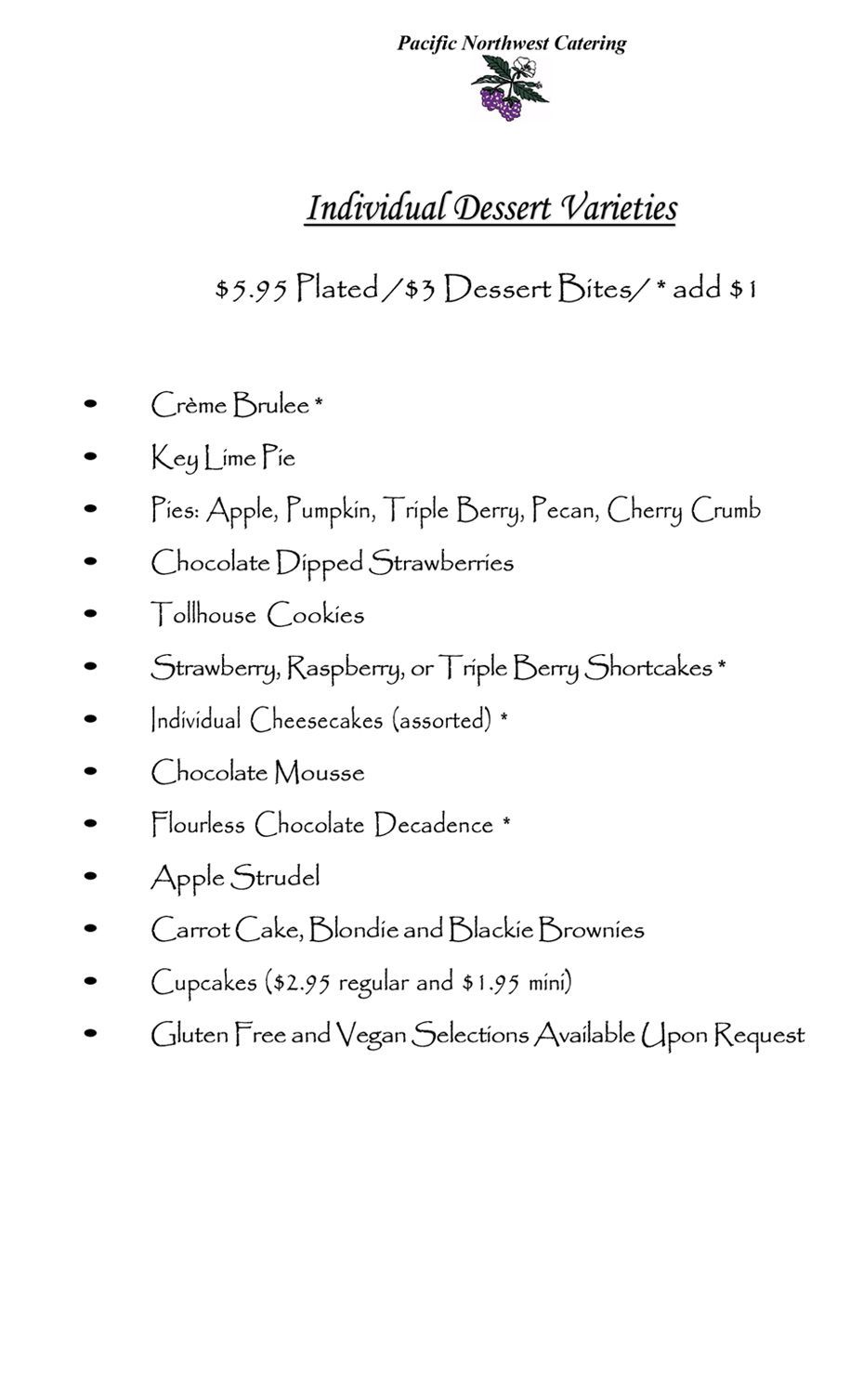 A menu for a restaurant with a list of desserts on it