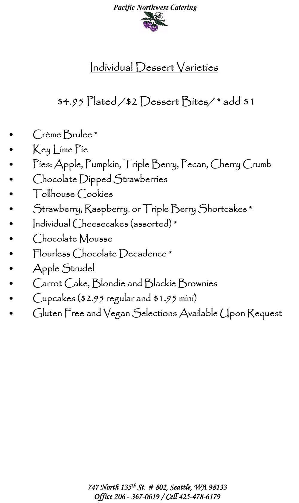 A menu for a restaurant with a list of desserts on it