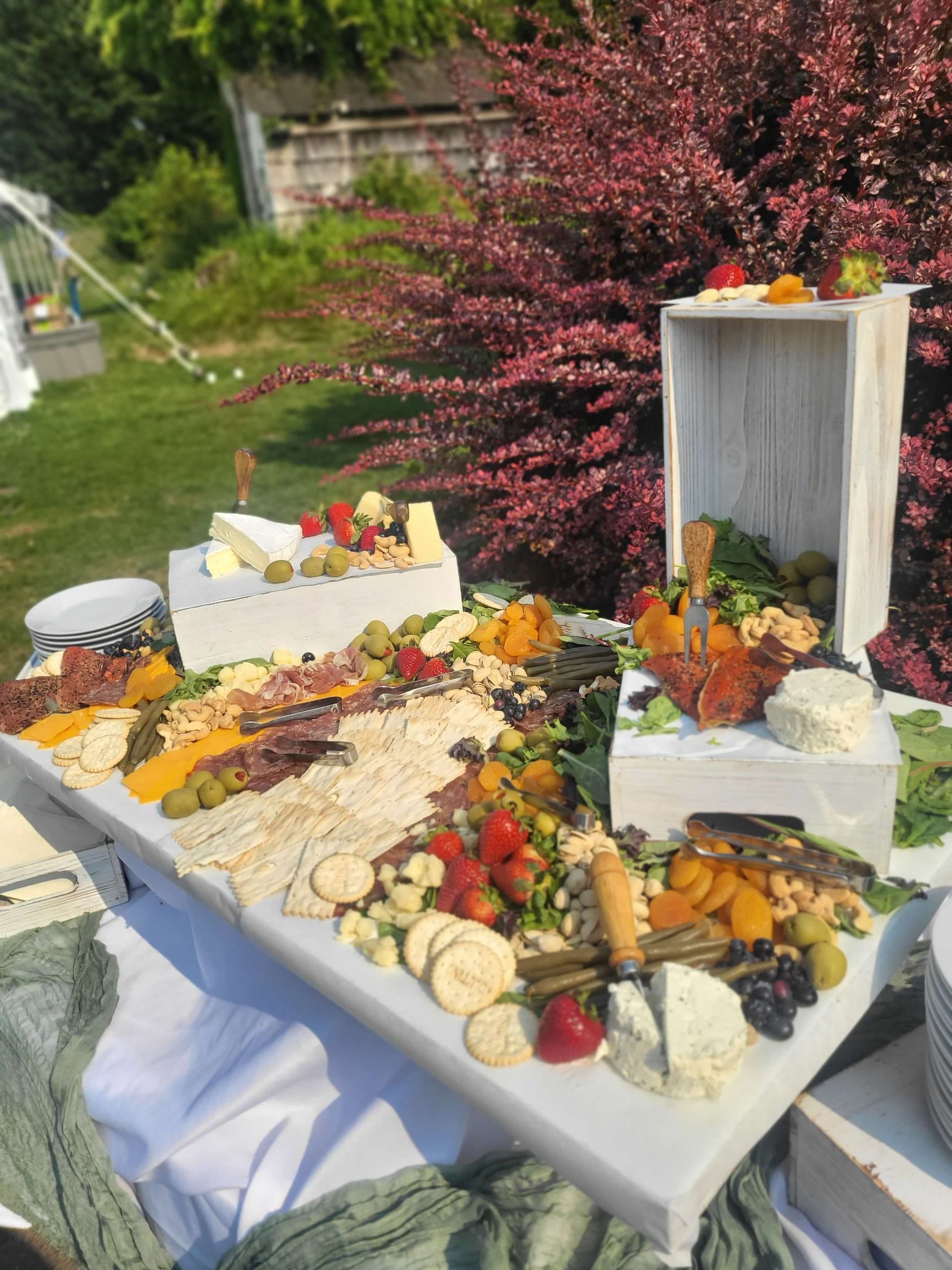 Charcuterie board on a white table outdoors, featuring various cheeses, meats, fruits, and crackers. Green foliage in the background.