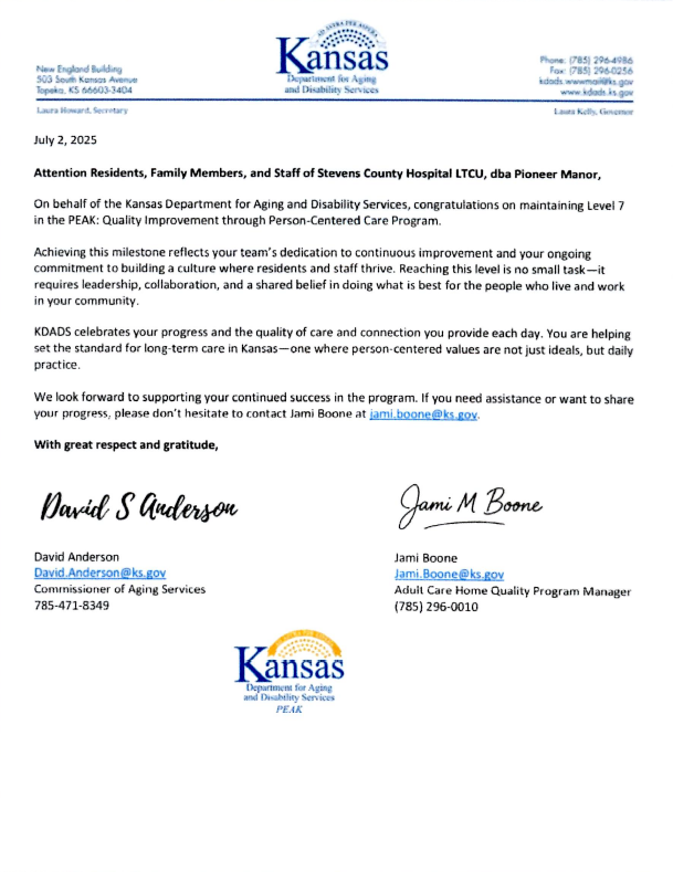 Letter from Kansas Department for Aging and Disability Services, congratulating Pioneer Manor on person-centered care.