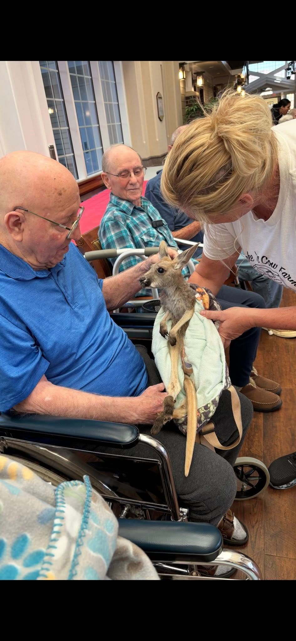 A man in a wheelchair pets a bird while a woman assists in an indoor setting. Another man watches.