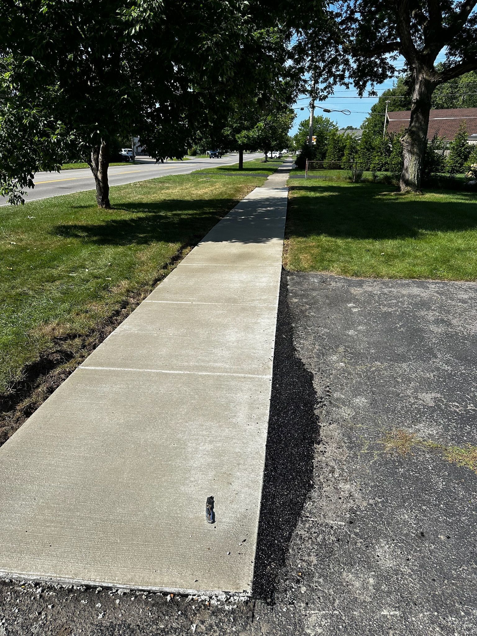 A concrete sidewalk leading to a street with trees on both sides.