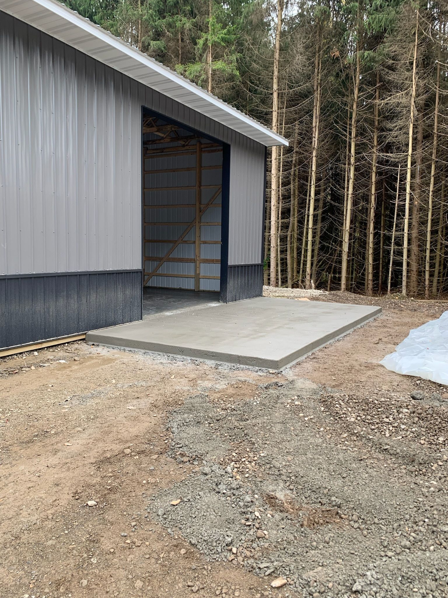 A shed is being built in the middle of a forest.