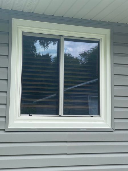 Square window with white trim, set in gray siding; trees visible through the dark glass.