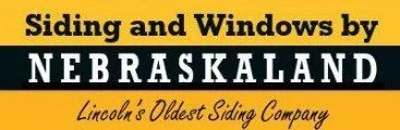 Logo for Nebraskaland Siding and Windows, a company based in Lincoln. It has text on a yellow background.