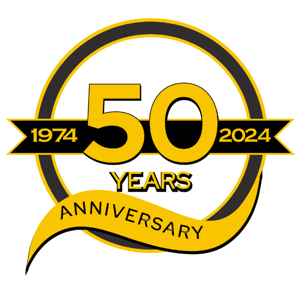 50 Years Anniversary logo with gold and black elements. Features the number 50 and the years 1974 and 2024.