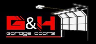 D&H Garage Doors logo with red letters and a white garage door illustration on a black background