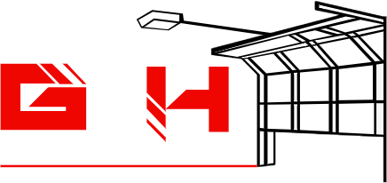 Red icons of a bed and a high chair next to a simple black line drawing of a house outline.