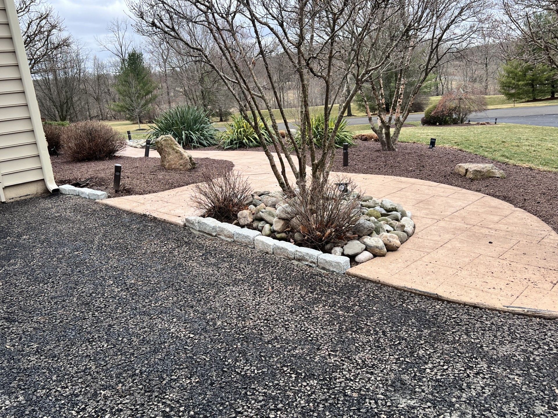 A driveway with a walkway and a tree in the middle of it.