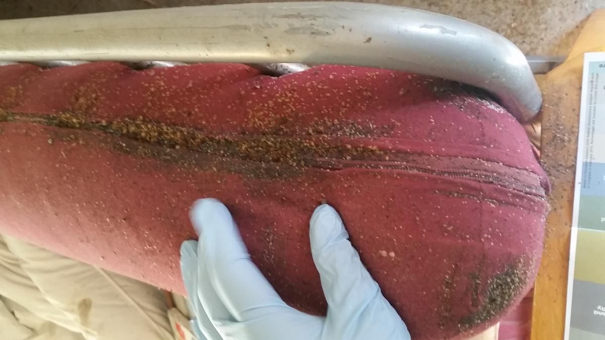 A person wearing gloves is holding a red pillow on a bed.