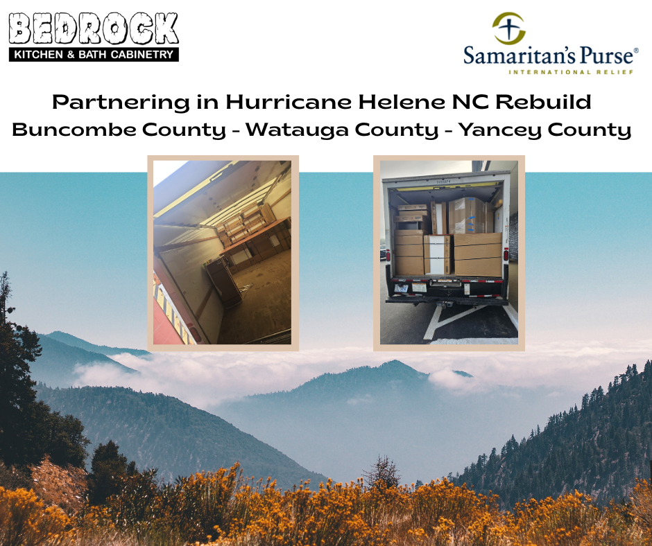 Partnership for hurricane relief. Boxes being unloaded in truck beds in front of a mountain range.