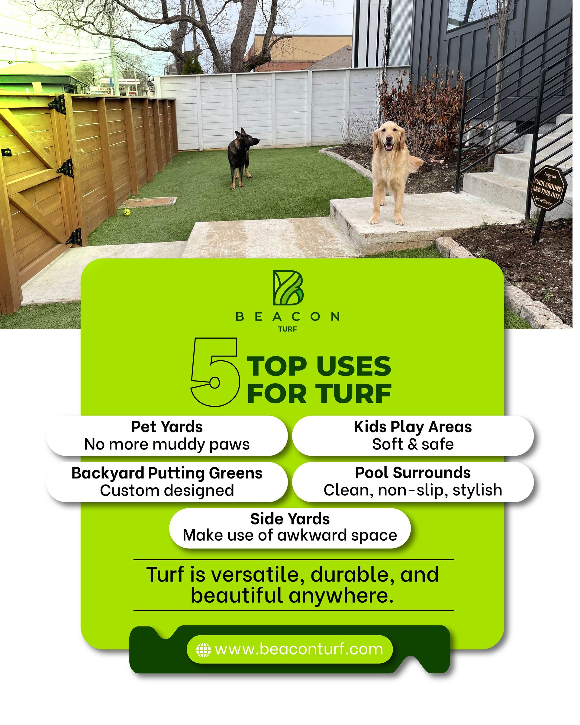 Green graphic listing 5 uses for turf. A backyard with dogs is in the background.