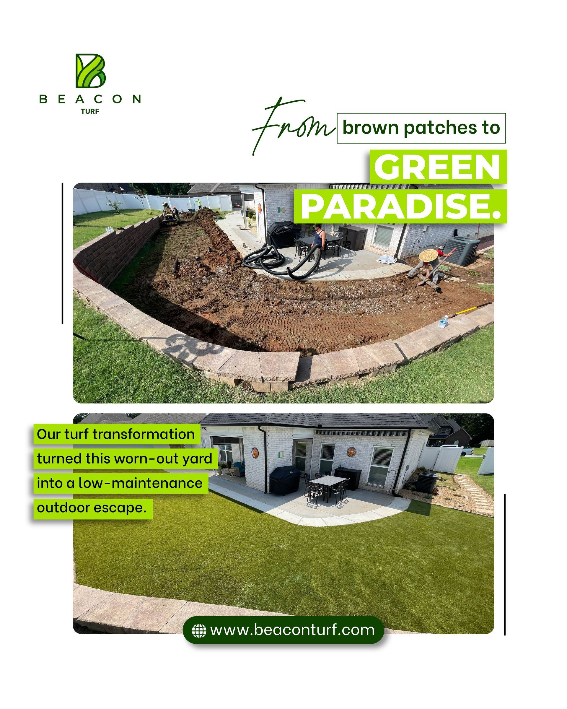 Before and after photos of a yard transformation: brown patches to a green paradise.