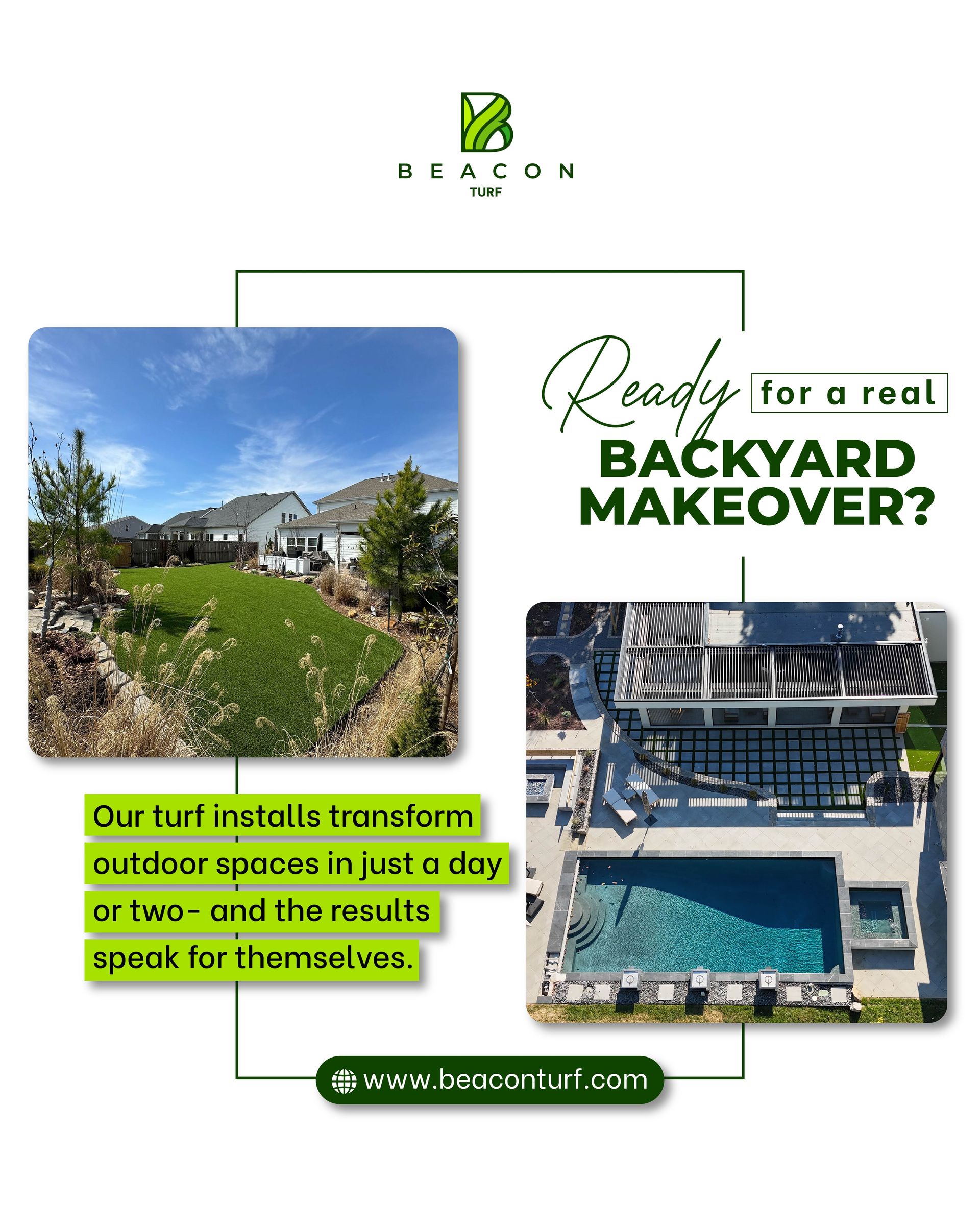 Promotional graphic: A before/after backyard makeover. Shows lawn and pool transformation. Text reads, 