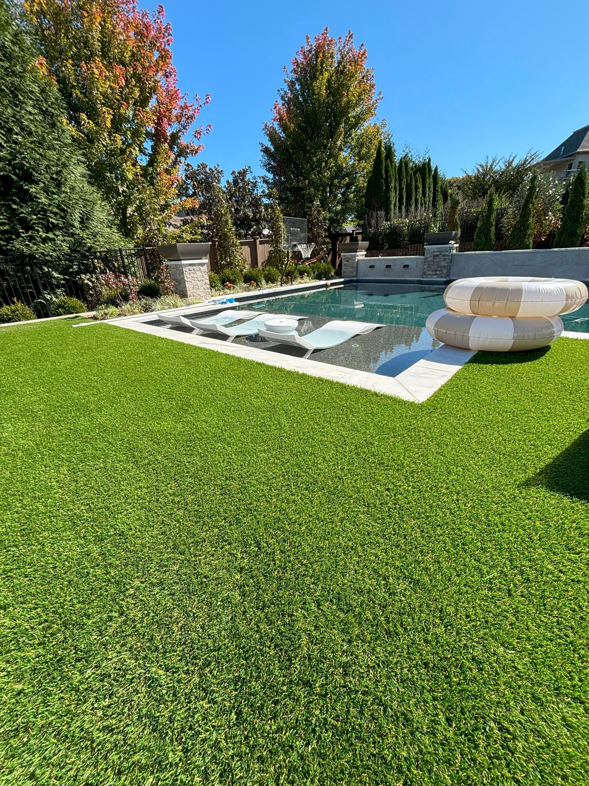 A large lawn with a swimming pool in the background.