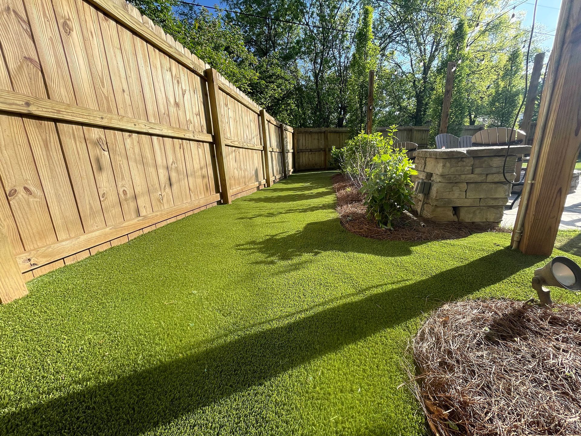 Lush green turf in a backyard alongside a wooden fence; sunlight creates a long shadow.