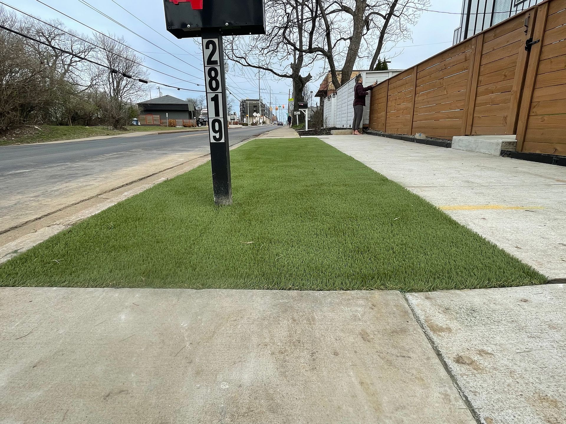 Green lawn strip with address 2819 between sidewalk and street, black mailbox, and wooden fence.