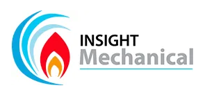 Insight Mechanical logo with teal swirl and red flame icon on white background
