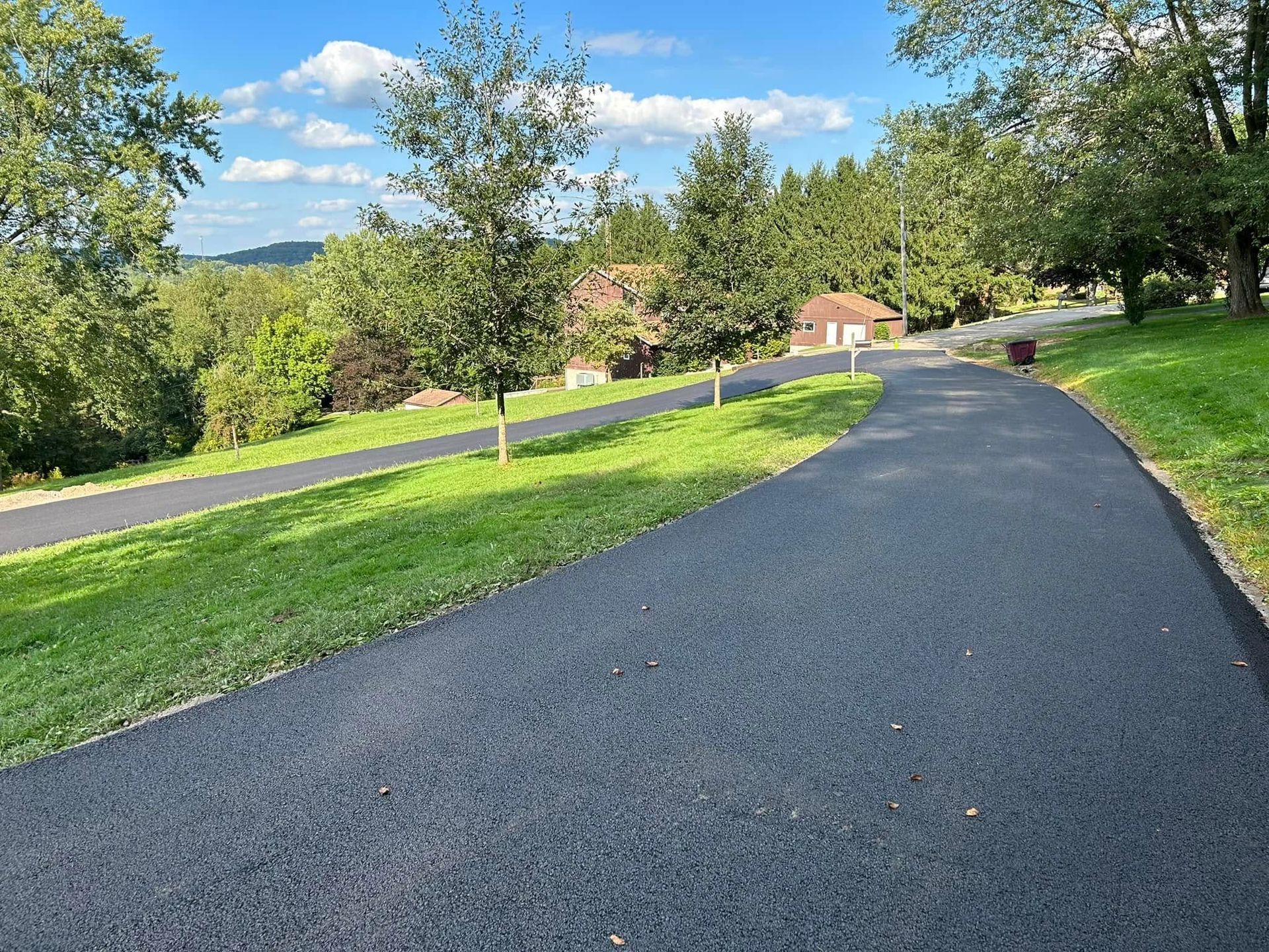 A paved driveway curves through a lush green yard towards a house in the distance under a sunny, blue sky.