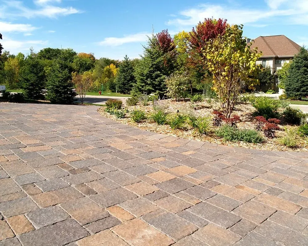 Brick paver driveway with landscaped garden and trees.
