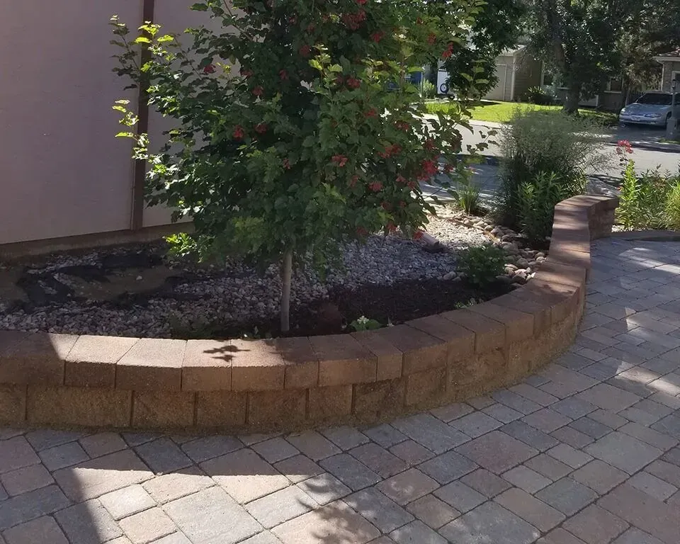 Low, curved retaining wall with brick pavers surrounding a tree and garden bed.