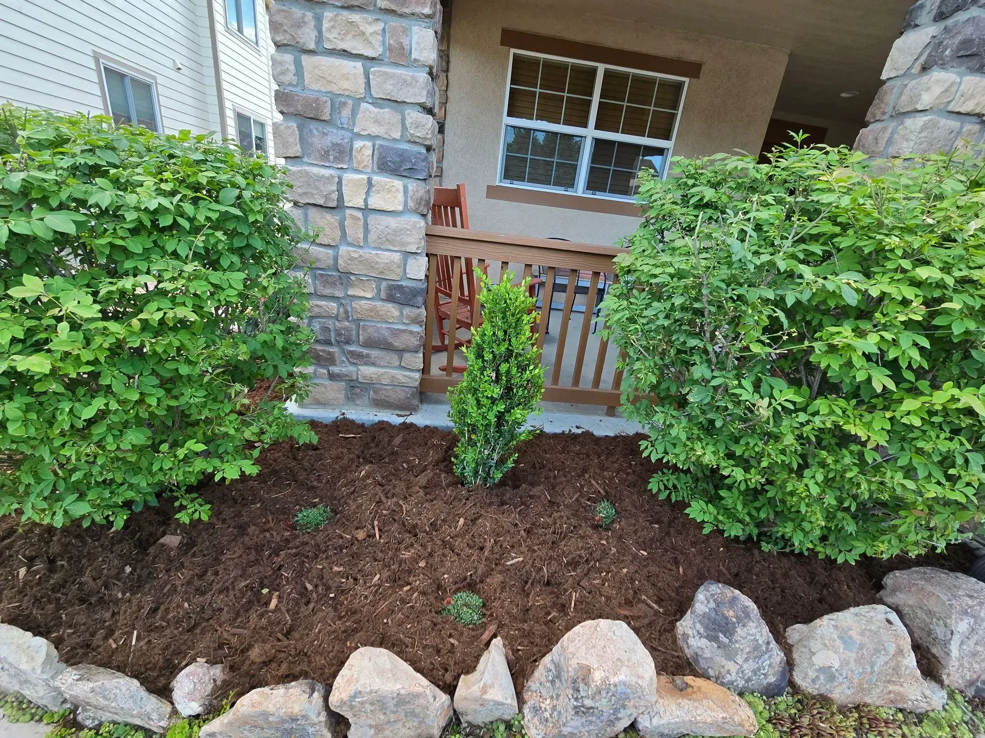 Front yard with bushes, small tree, mulch, and rocks bordering a house with stone accents.