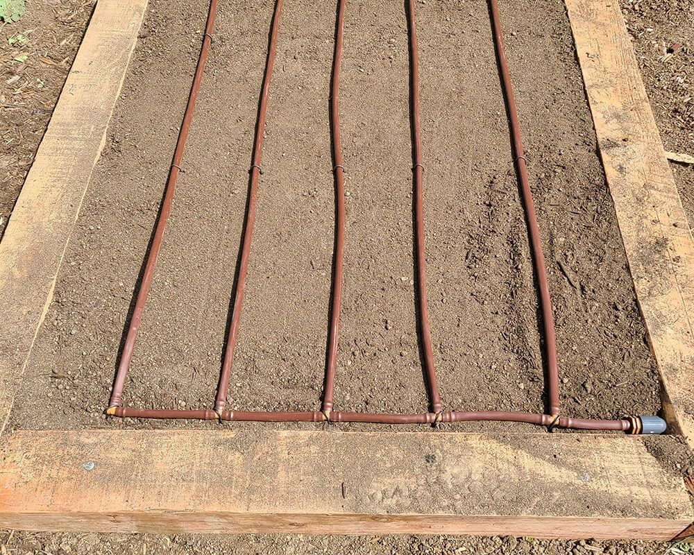 Brown drip irrigation lines laid out in a rectangular garden bed.