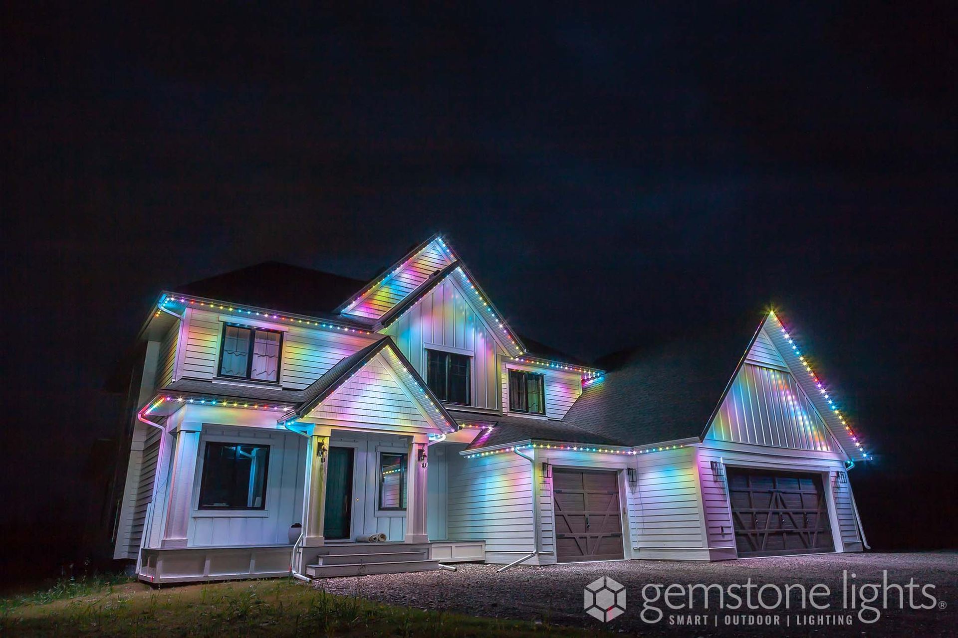 House with exterior colorful lighting