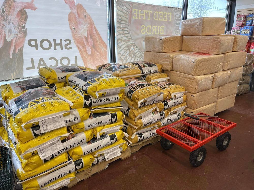 A bunch of bags of food are stacked on top of each other in a store.