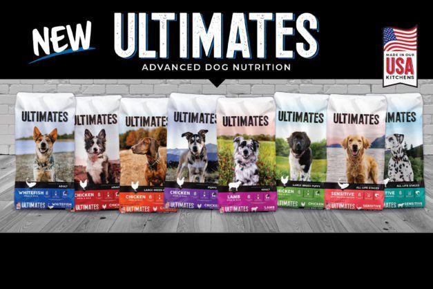 A row of bags of new ultimates advanced dog nutrition