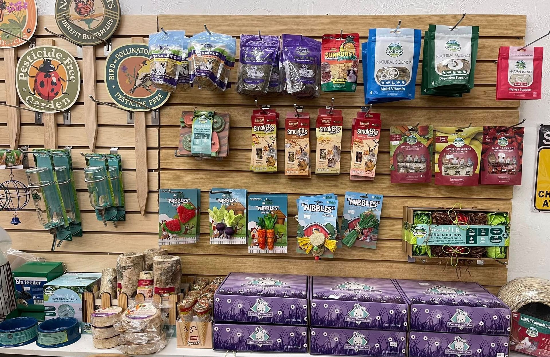 A wall filled with lots of different types of food and decorations.