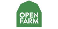 The logo for open farm is a green barn with the words `` open farm '' written on it.