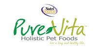 The logo for pure vita holistic pet foods is green and white.