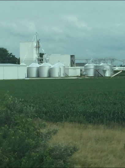 Farm with silos and storage buildings in a green field under a cloudy sky.