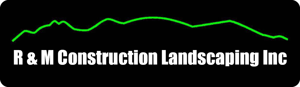 Logo for R & M Construction Landscaping Inc. featuring a green mountain-like line on a black background, with white text below.
