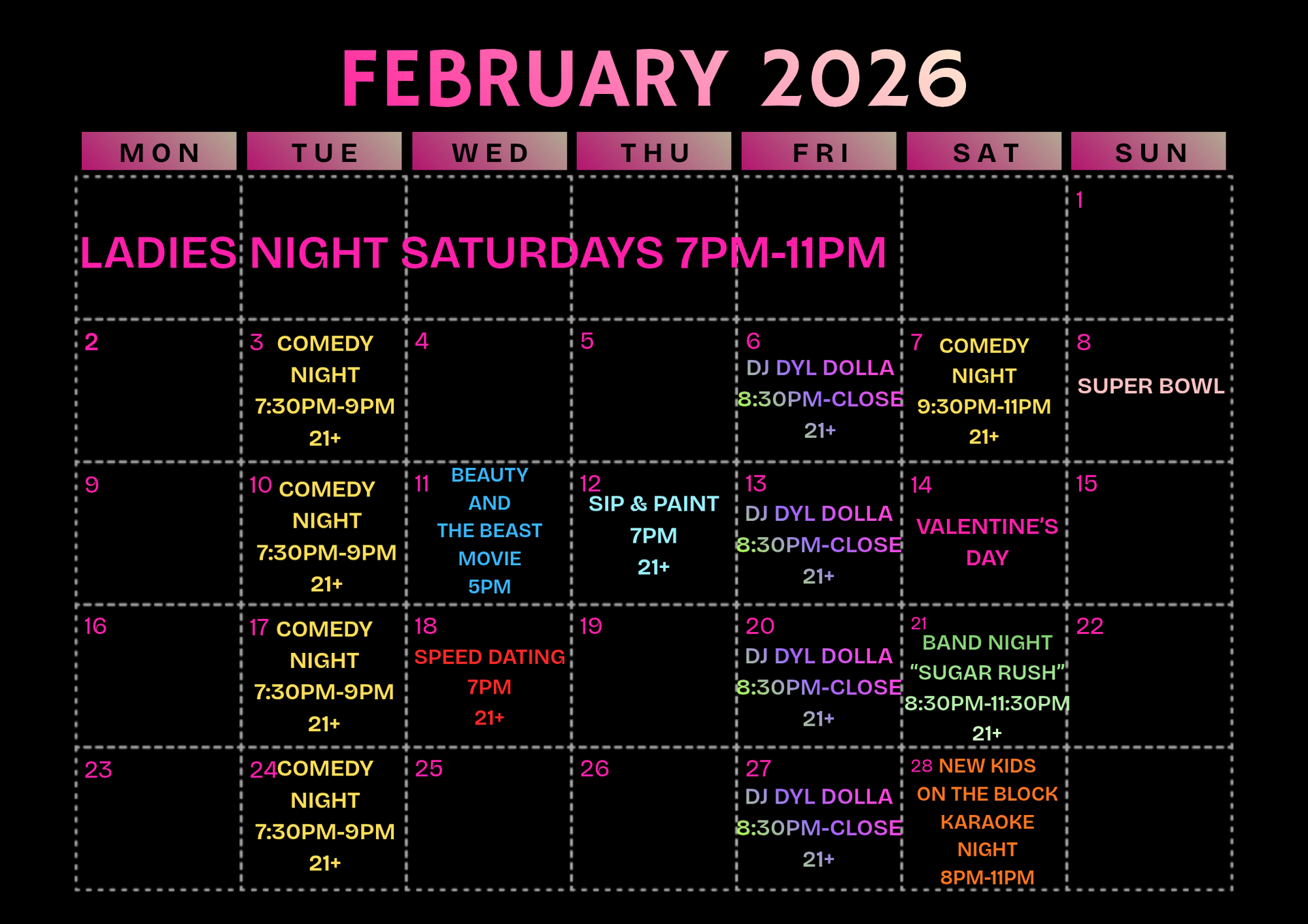 February 2026 calendar with Saturday Ladies Night, event listings, and Super Bowl.