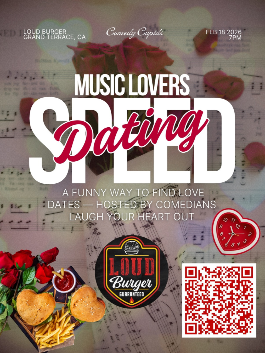 Music lovers speed dating event poster featuring hearts, burgers, and sheet music.