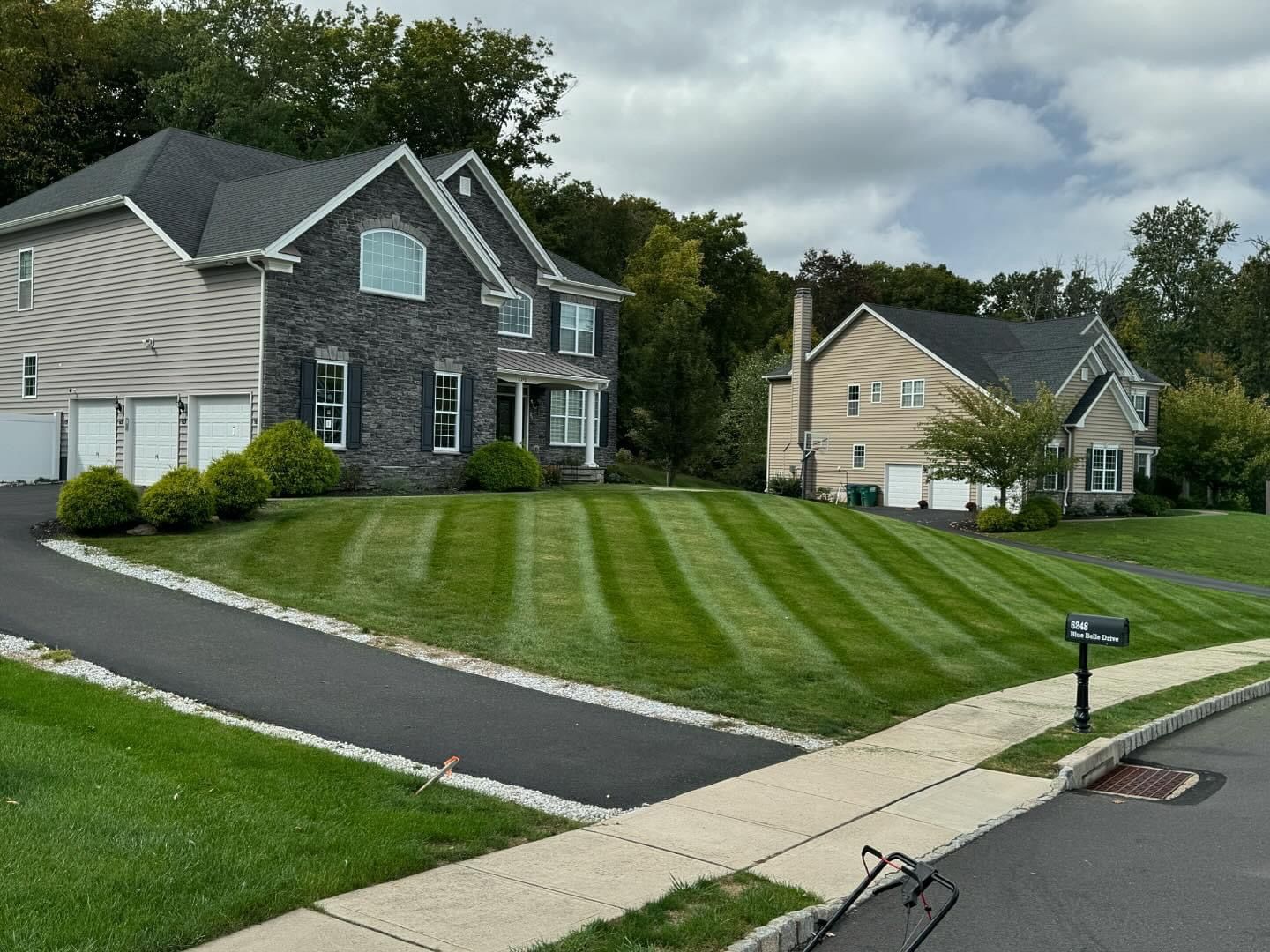 A row of houses with a lush green lawn in front of them
